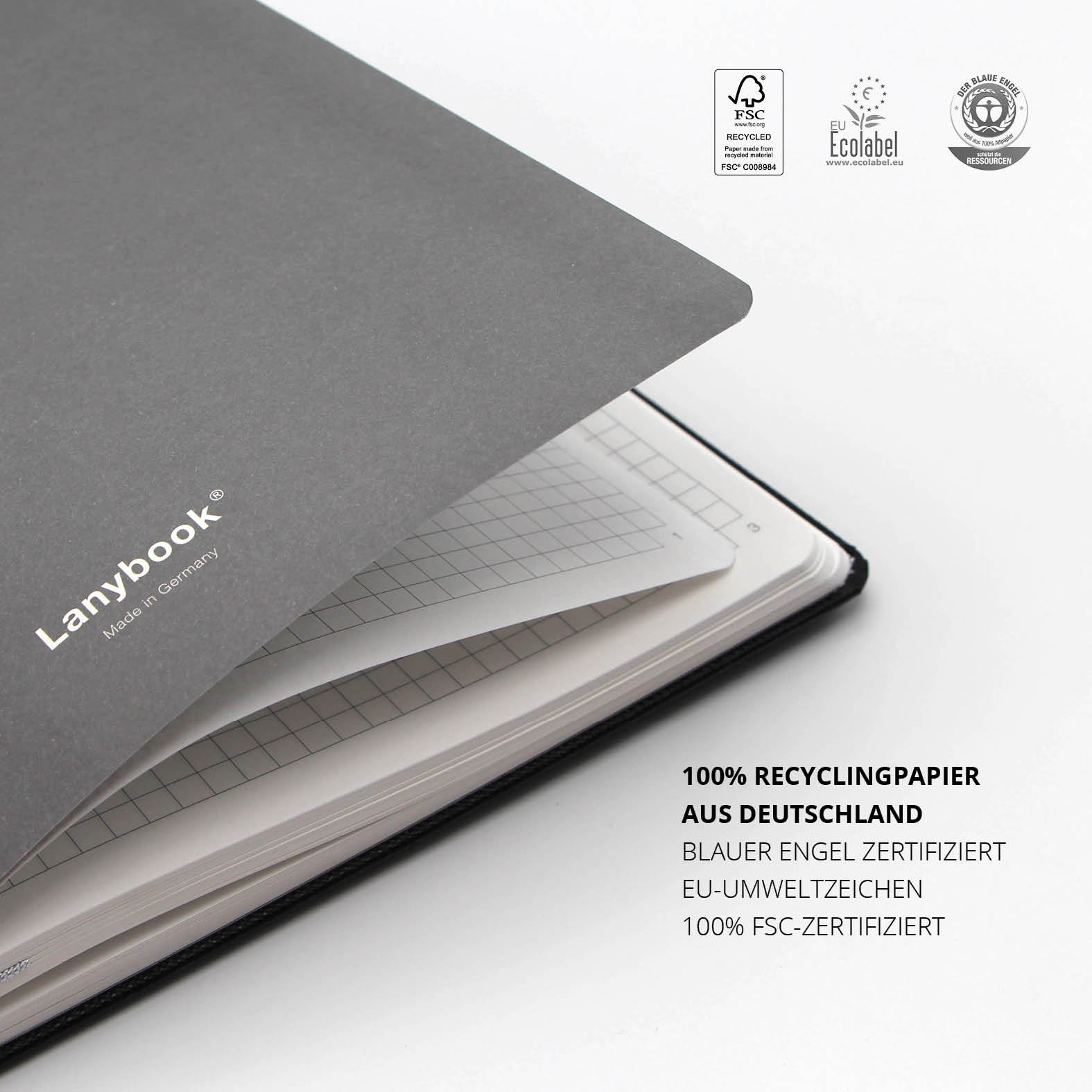 Innenseiten des Lanybook Notizbuchs mit kariertem Recyclingpapier, FSC zertifiziert und aus deutscher Produktion