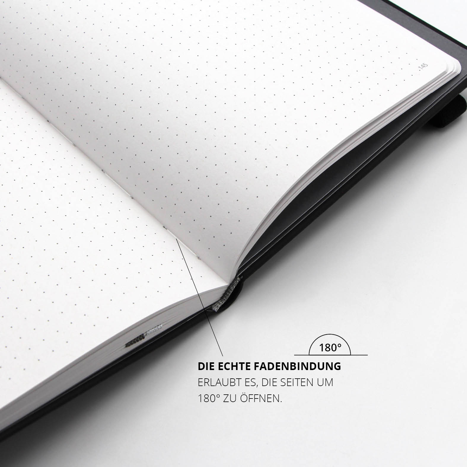Echte Fadenbindung ermöglicht das vollständige 180-Grad-Aufschlagen des Notizbuchs.