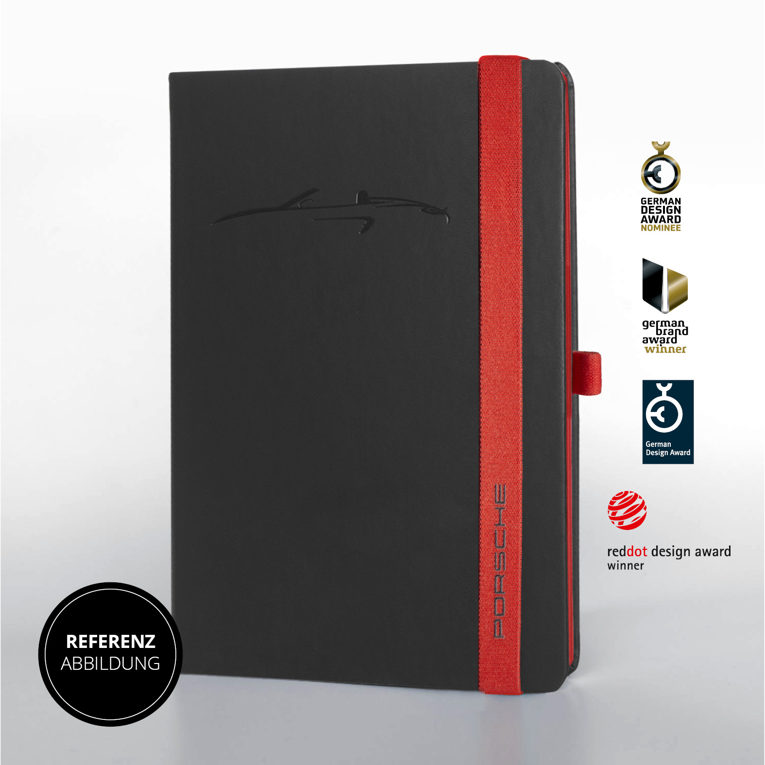 Schwarzes Porsche Notizbuch mit rotem Band, Prägung und Auszeichnungen, Made in Germany.