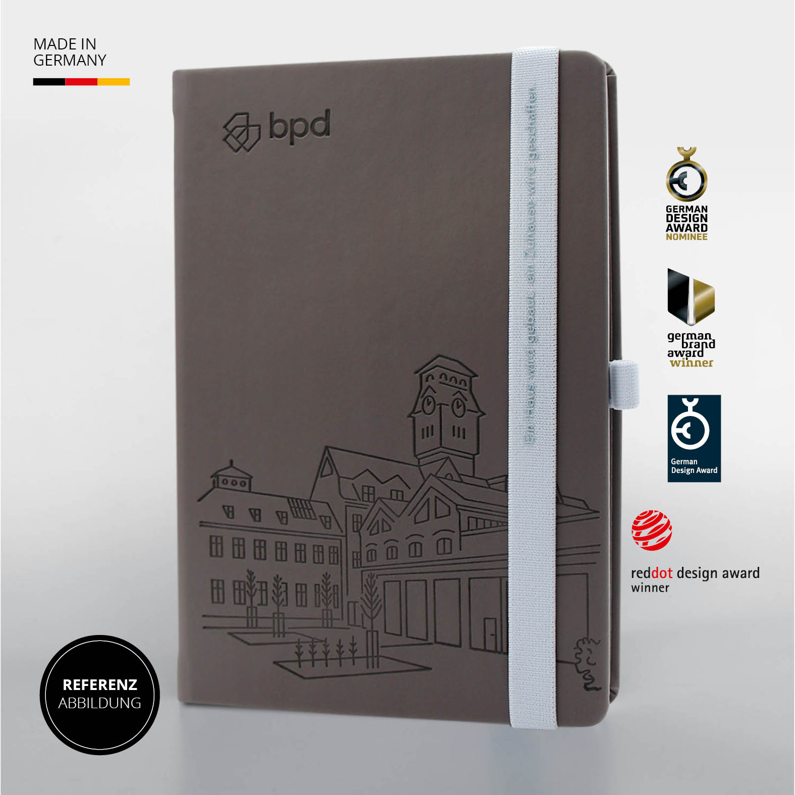 Lanybook® Nature Notizbuch im Format A5 mit grauem Einband aus veganem Apfelleder, hellblauem Lanyband® und individueller Prägung für bpd, Made in Germany, ausgezeichnet mit German Design Award und Red Dot Design Award.