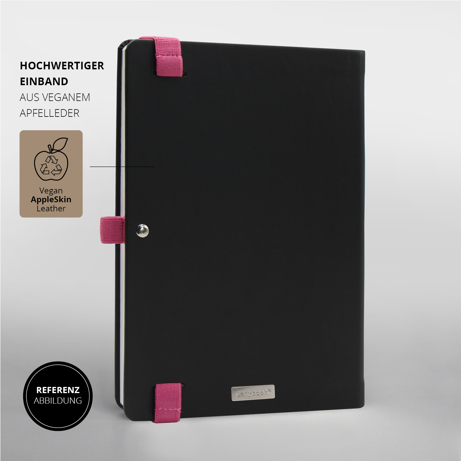 Geschlossene Rückansicht des Lanybook® Nature in Schwarz mit pinkem Lanyband und zwei Stiftschlaufen. Veredelung mit veganem AppleSkin-Leder.