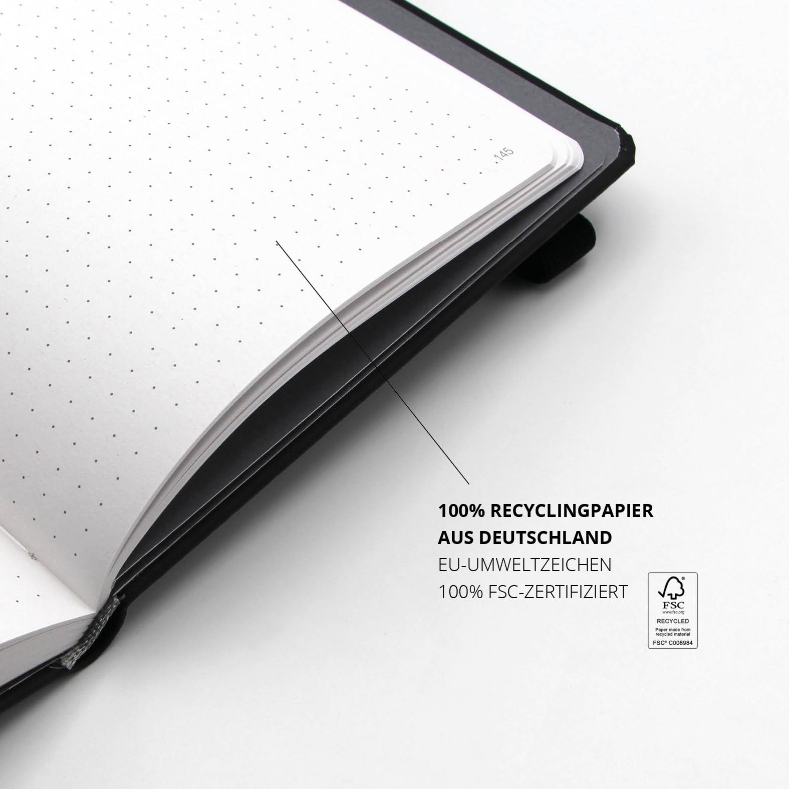 Punktierte Innenseiten aus 100 % Recyclingpapier, FSC-zertifiziert und Made in Germany.