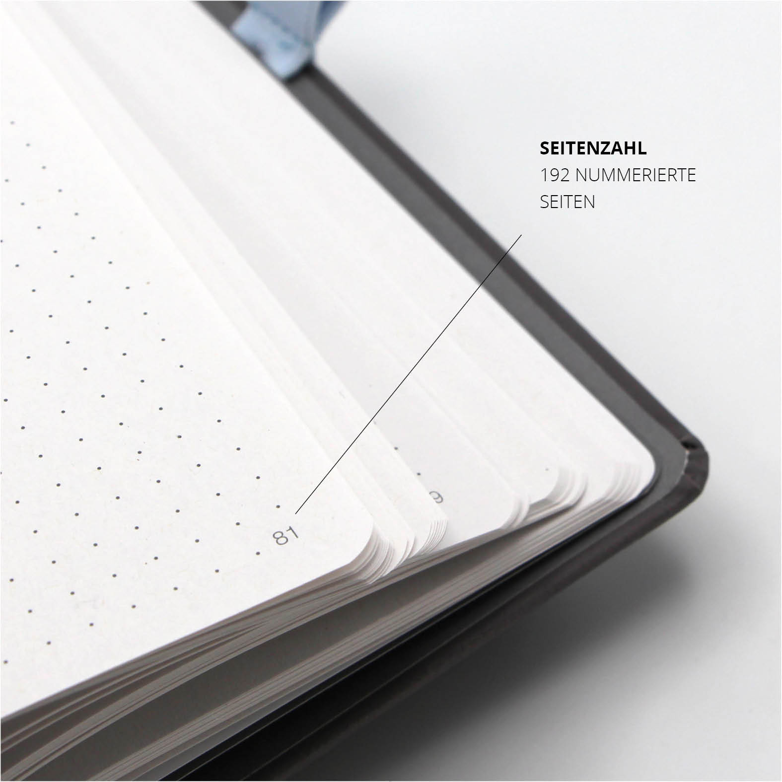 Aufgeschlagenes Lanybook® Nature A5 mit nummerierten Innenseiten, Detailansicht der Seitenzahl und des punktierten Layouts.