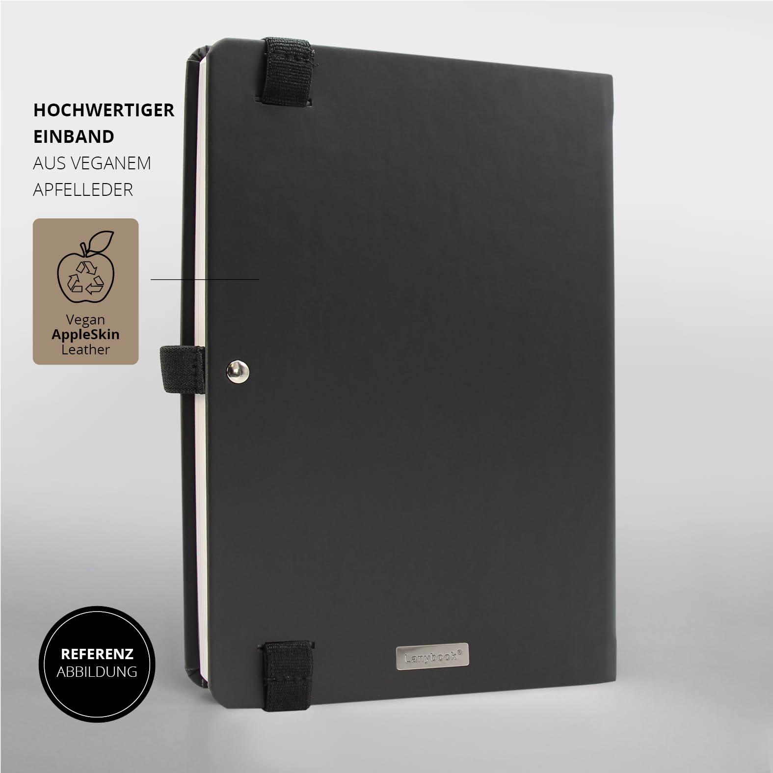 Rückansicht des schwarzen Lanybook® Nature A5 mit veganem Apfelleder-Einband.