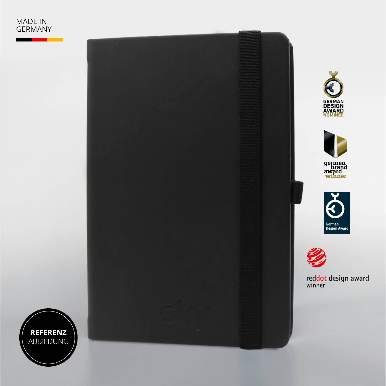 Lanybook® Nature A5 in Schwarz mit Hinweisen auf German Design Award und Red Dot Design Award.