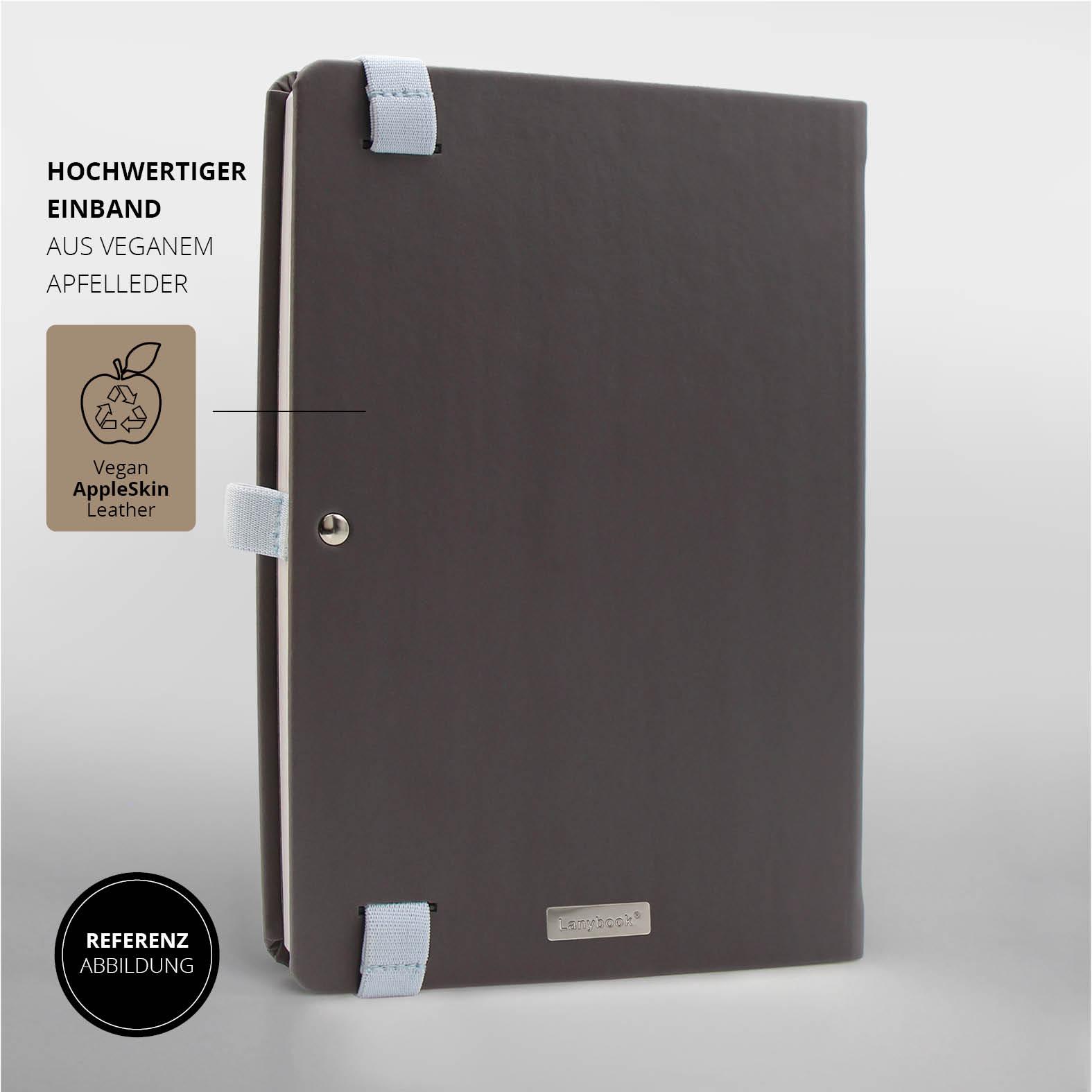 Rückansicht des Lanybook® Nature Notizbuchs in Grau mit hellblauem Lanyband®, veganem Apfelleder-Einband und sauber integrierten Funktionselementen.