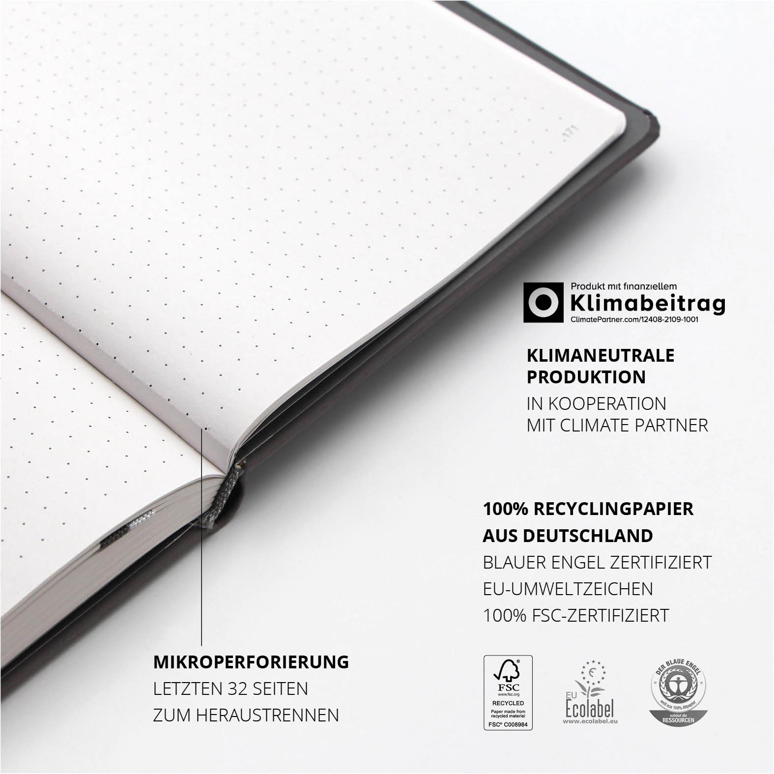 Detail der mikroperforierten letzten Seiten im Lanybook® Nature Notizbuch, gefertigt aus 100 Prozent Recyclingpapier aus Deutschland, FSC-zertifiziert und klimaneutral produziert.