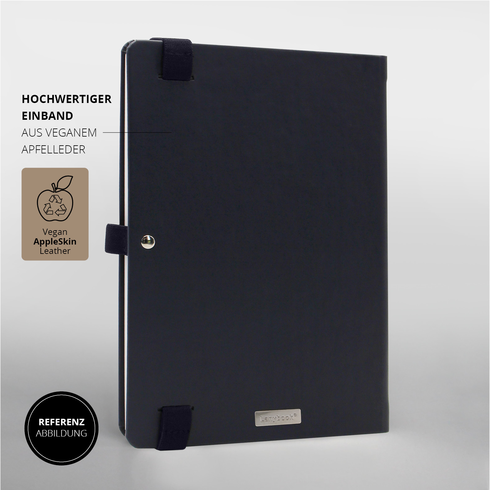 Rückansicht des blauen Lanybook® Nature mit schlichter, moderner Linienführung. Veganes Apfelleder verleiht dem Notizbuch eine elegante Haptik.