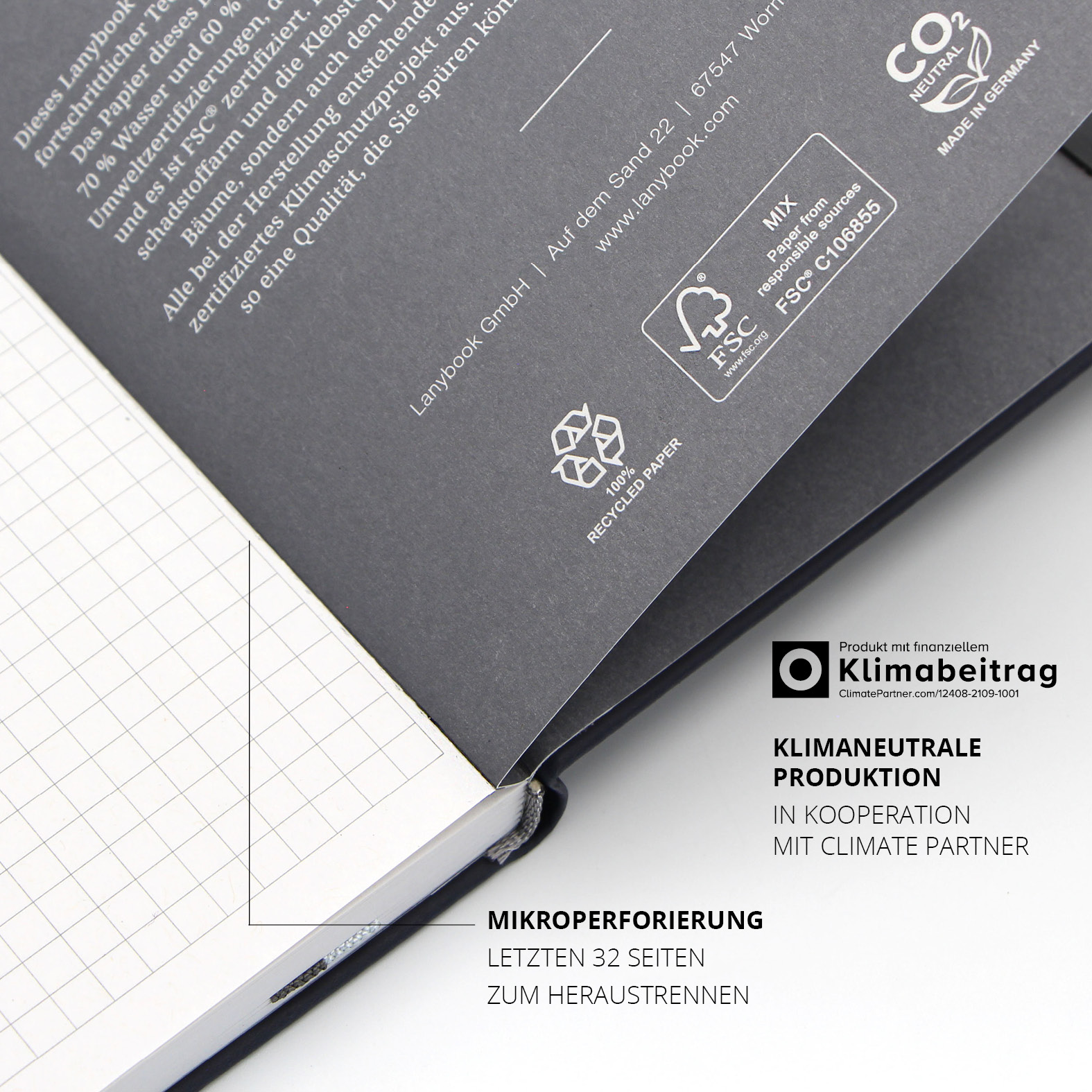 Blick auf das hochwertige Recyclingpapier im Lanybook® Nature. EU-Umweltzeichen und FSC®-Zertifizierung für nachhaltige Papierqualität.