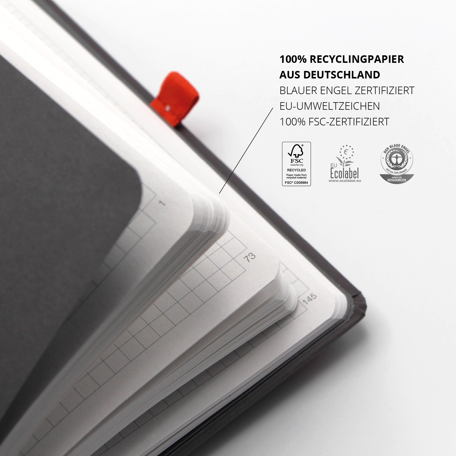 Nahaufnahme des hochwertigen Recyclingpapiers aus Deutschland, 100 % FSC-zertifiziert und mit EU-Umweltzeichen ausgezeichnet.