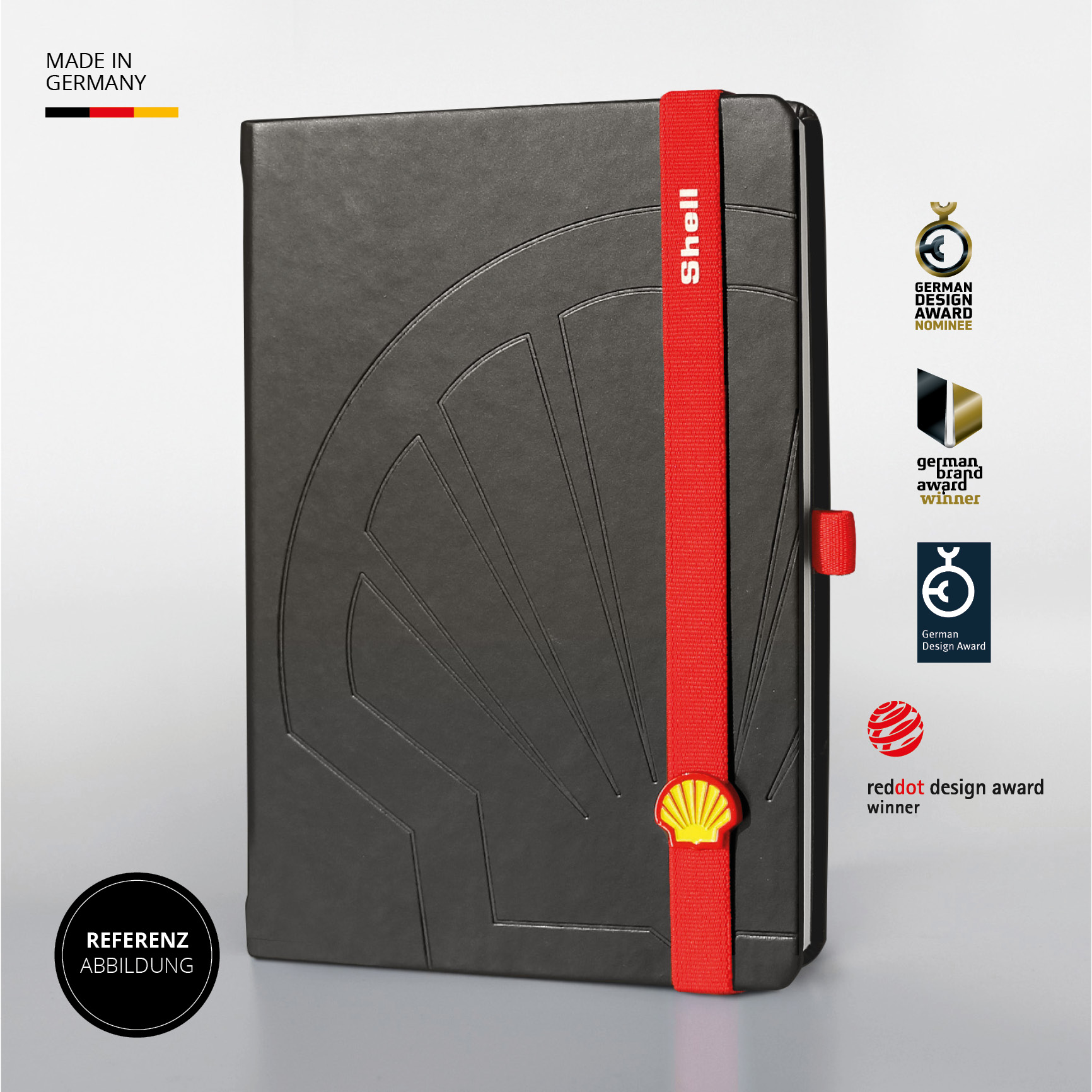 Shell Notizbuch mit Auszeichnungen für Design, Nachhaltigkeit und Produktion in Deutschland.