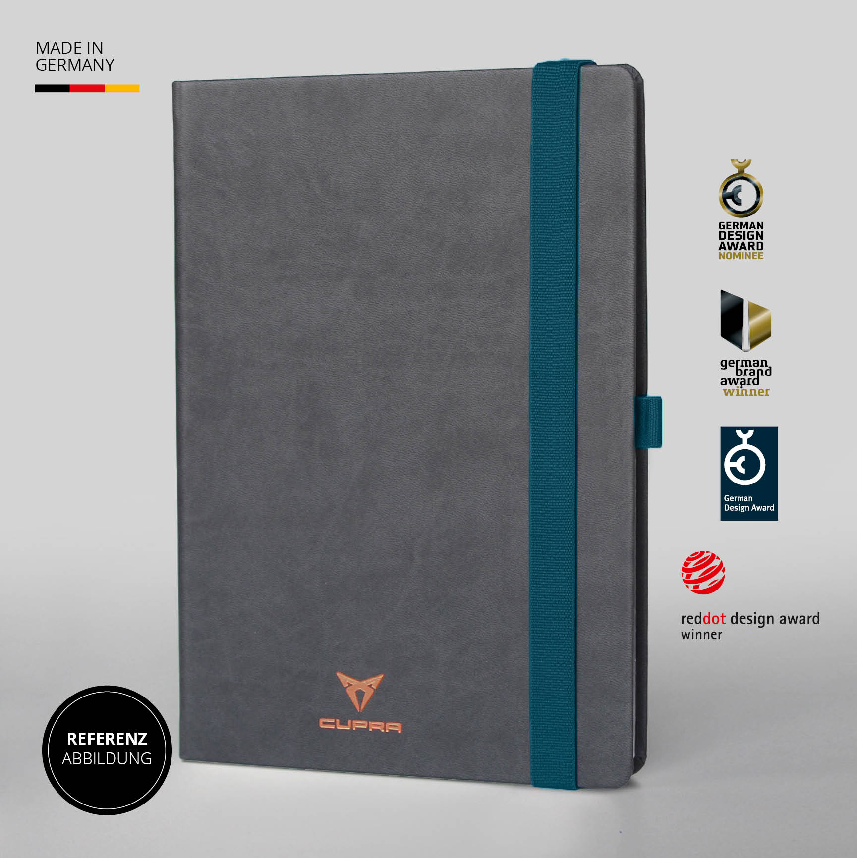 Cupra-Notizbuch in Dunkelgrau mit kupferfarbener Logoprägung und Petrol-Lanyband® – Edles Design für hochwertiges Branding.